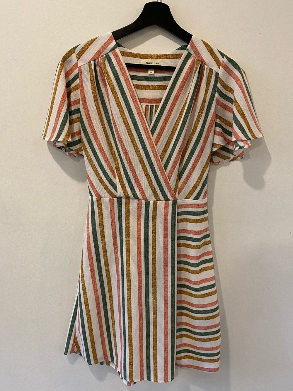 Striped faux wrap dress size medium flutter sleeve Monteau